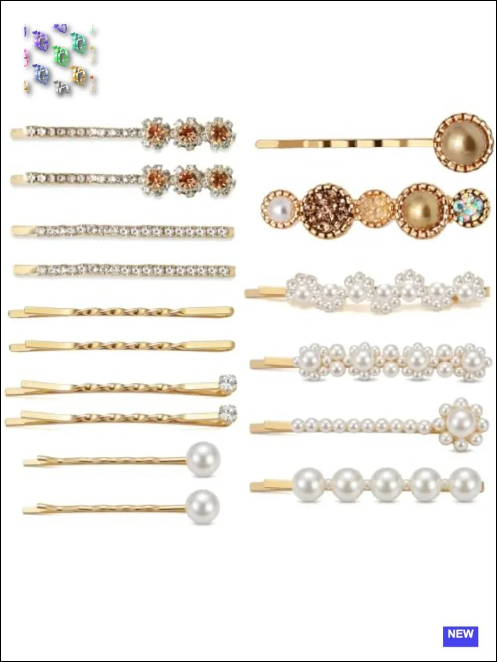 16Pcs Rhinestone & Pearl Decorative Hair Clips Gold Hair Barrettes